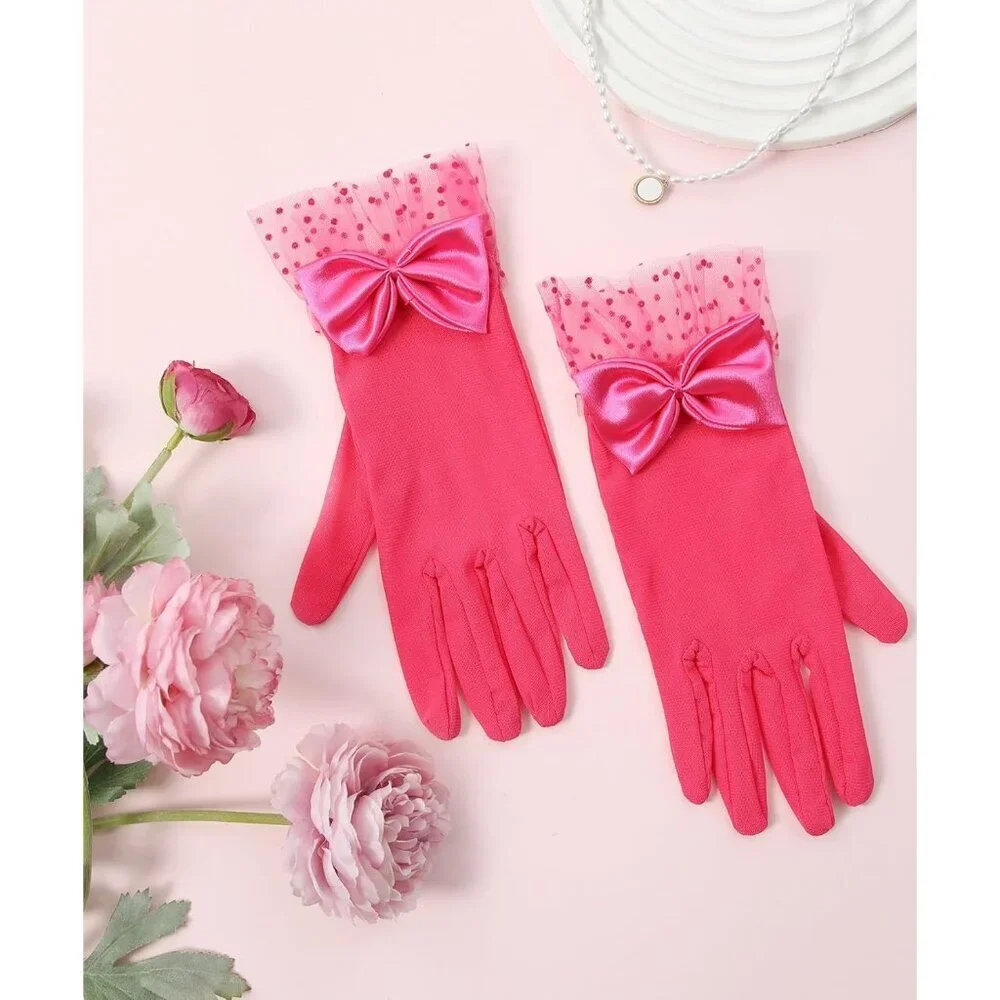 Women's Bow Lace Short Gloves Hot Pink Princess Wedding Evening Accessories